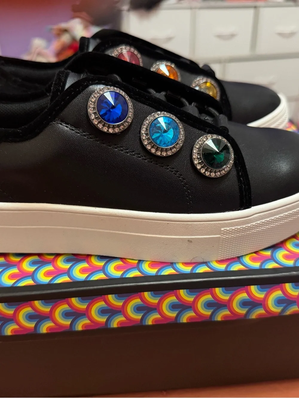 Kurt Geiger Kids Black Slip-On Sneakers with Multicolor Gem Accents